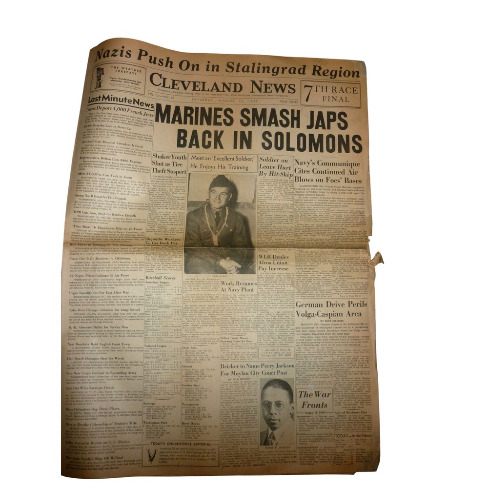 Aug 15 1942 Cleveland News WWII Newspaper Marines Guadalcanal Solomons Map